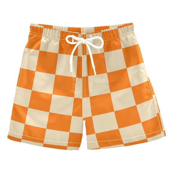 Orange Yellow Checked Pattern Swim Trunks Quick Dry Beach Pool Board Shorts Lightweight Stylish Print Sizes 2T to XL