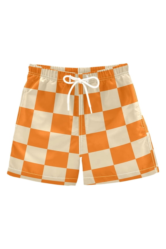 Orange Yellow Checked Pattern Swim Trunks Quick Dry Beach Pool Board Shorts Lightweight Stylish Print Sizes 2T to XL
