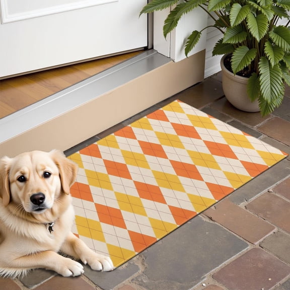 Orange Yellow Checkerboard Checkered Pattern Door Rugs,Washable Non Slip Door Mats Indoor,Decorative Door Mats,Entry Mat Indoor for Entrance,Bedroom,Kitchen,Bathroom,16"x24"
