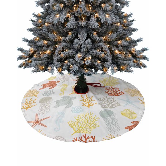 Orange Yellow Coastal Christmas Tree Skirt 36 Inches Large Christmas Skirt Tree, Nautical Summer Beach Coral Sea Turtle Tree Skirt Christmas Decorations for Fireplace Party Holidays Indoor Outdoor