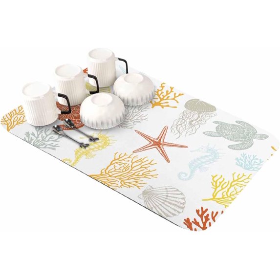 Orange Yellow Coastal Dish Drying Mat for Kitchen Counter, Super Absorbent Quick Dry Coffee Bar Mat Thin Diatomaceous Sink Mat Non Slip Dish Drainer Mat 16x18 Nautical Summer Beach Coral Sea Turtle