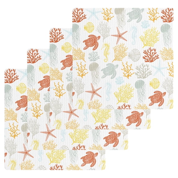 Orange Yellow Coastal Dish Towels Set,Waffle Weave Kitchen Towels 4PCS,Nautical Summer Beach Coral Sea Turtle Microfiber Hair Face Bath Tea Towel Absorbent Quick Drying Cleaning Dish Cloths,12"x12"