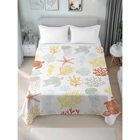 Orange Yellow Coastal Full Size Flat Sheet, Wrinkleproof & Fadeproof Cooling Flat Bed Sheet Only, Nautical Summer Beach Coral Sea Turtle Breathable Soft Bedding Top Sheets 81 x 96 Inches