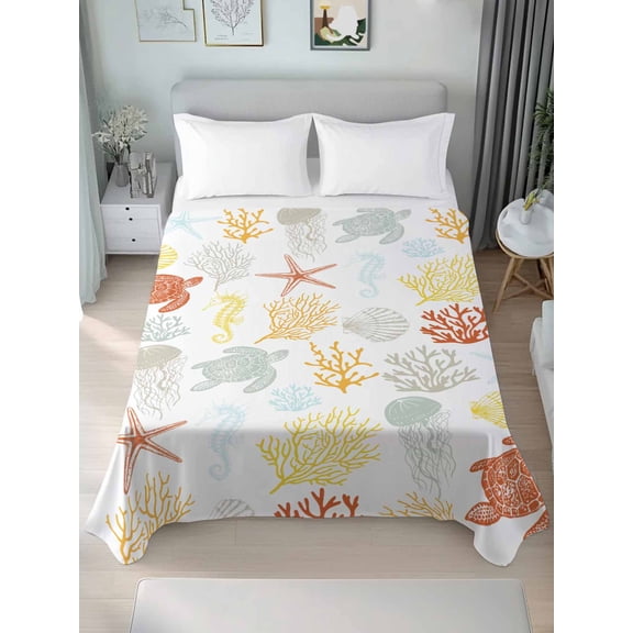 Orange Yellow Coastal Queen Size Flat Sheet, Wrinkleproof & Fadeproof Cooling Flat Bed Sheet Only, Nautical Summer Beach Coral Sea Turtle Breathable Soft Bedding Top Sheets 90 x 102 Inches
