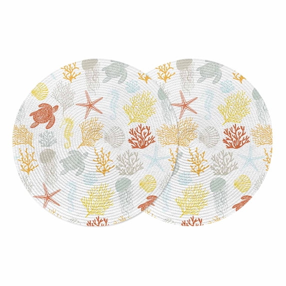 Orange Yellow Coastal Round 13 Inch Placemats Set of 2, Nautical Summer Beach Coral Sea Turtle HeatResistant Non Slip Place Mats for Dining Table, Wipeable Braided Kitchen Table Mats for Housewarming
