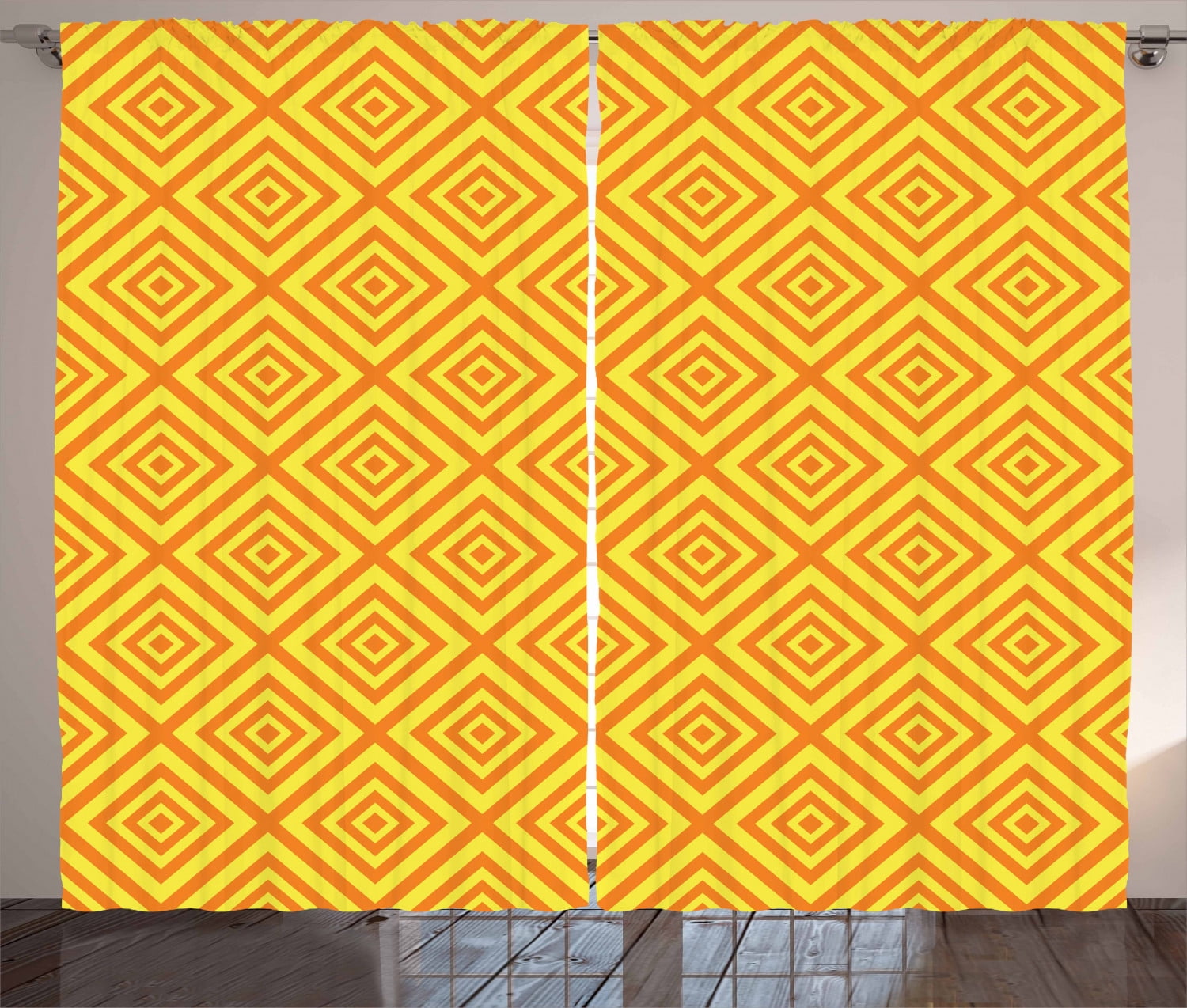 Orange and Yellow Curtains 2 Panels Set, Geometrical Rhombus Grid ...