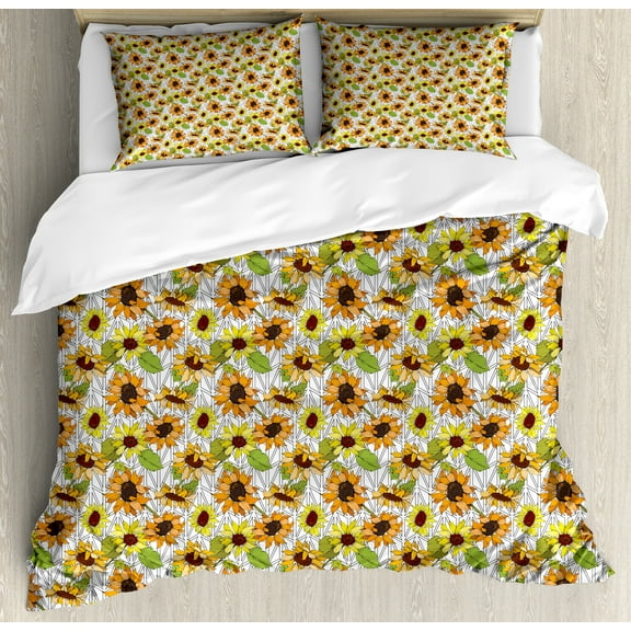 Orange and Yellow Duvet Cover Set, Big Petal Sunflower Repetition on Grid, Decorative 3 Piece Bedding Set with 2 Pillow Shams, Queen Size, Marigold and Multicolor, by Ambesonne
