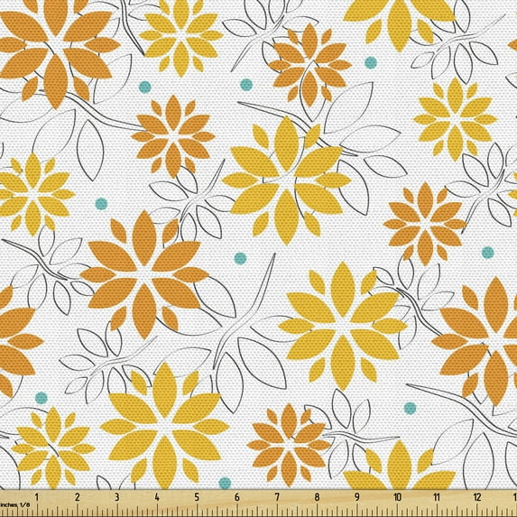 Ambesonne Orange and Yellow Fabric by the Yard Upholstery, Flowers Leaf Dot, 5 Yards, White Orange