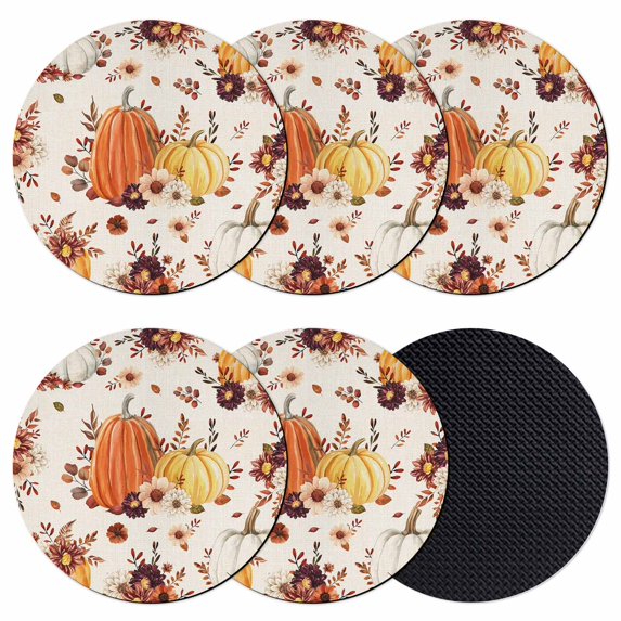 Orange Yellow Fall Coasters Set of 6, Absorbent Coasters for Drinks, Thanksgiving Pumpkins Botanical Floral Coaster for Desk Coffee Table Protection, Home Decor House Warming Gifts 4"