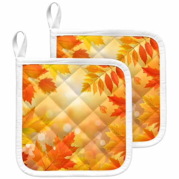 Orange Yellow Fall Pot Holders for Kitchen Heatproof Potholder, 2 Pack Thanksgiving Maple Leaves Hot Pads Multipurpose Oven Pads Terry Cloth Potholders Trivet for Cooking and Baking
