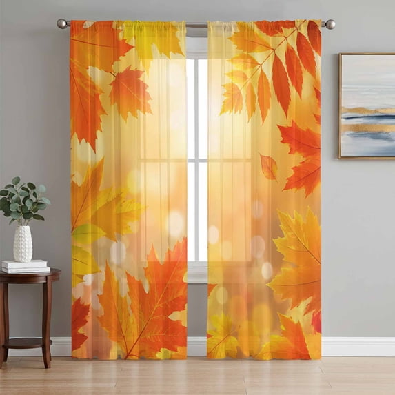 Orange Yellow Fall Sheer Curtains 72 Inch Length 2 Panels Set, Thanksgiving Maple Leaves Voile Window Treatment Rod Pocket Curtains Sheers Drapes for Bedroom/Living Room/Kitchen 52"x72"x2
