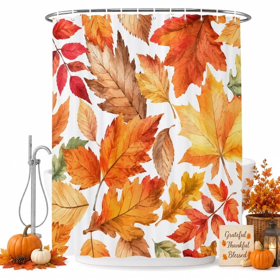 Orange Yellow Fall Shower Curtain, Waterproof Shower Curtains for Bathroom, Thanksgiving Maple Leaves Farmhouse Washable Fabric Bathtub Curtain Set Bath Decor with 12 Hooks Extra Long 72"x96"