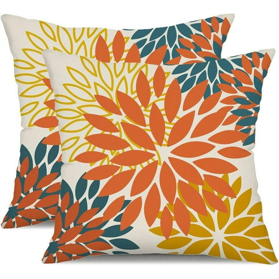Orange Yellow Flower Pillow Covers 18x18 Inch Set of 2 Fall Throw Pillows Outdoor Waterproof Decor for Living Room Sofa Patio Funiture Garden Floral Polyester Pillow Covers 012E