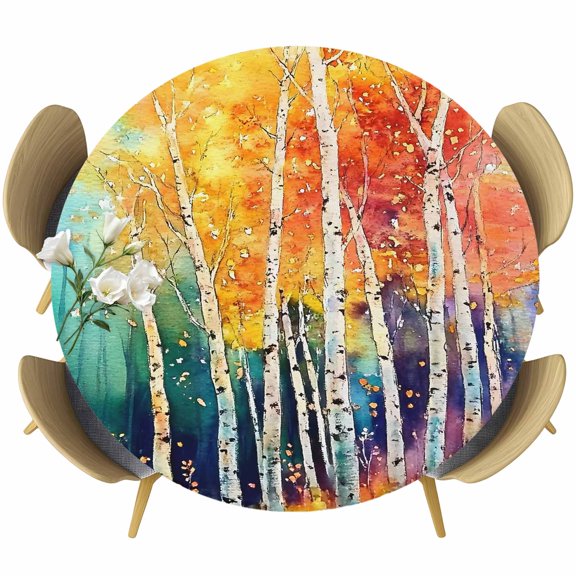 Orange Yellow Forest Round Tablecloth 36-44 Inch Round Fitted Table Cloth with Elastic Edge, Abstract Watercolor Leaf Branch Waterproof Table Cover Protector for Outdoor Picnic Party Dining