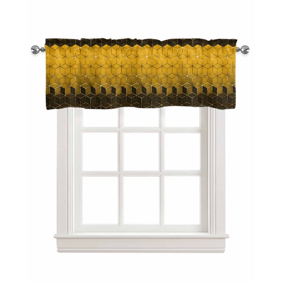 Orange Yellow Geometric Kitchen Valances for Windows Farmhouse Linen Window Valance Curtain for Living Room Window Treatment Gradient Black Gold Comb Grid Valance Rod Pocket Topper, 54 x 18 Inch