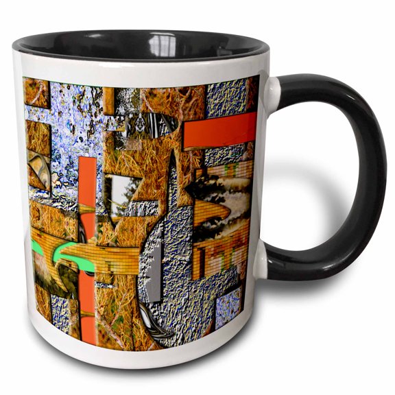 3drose, Orange, Yellow, Green and Chrome with Little Squares, Rectangles and Other Shapes, 11oz Two-tone Black Mug