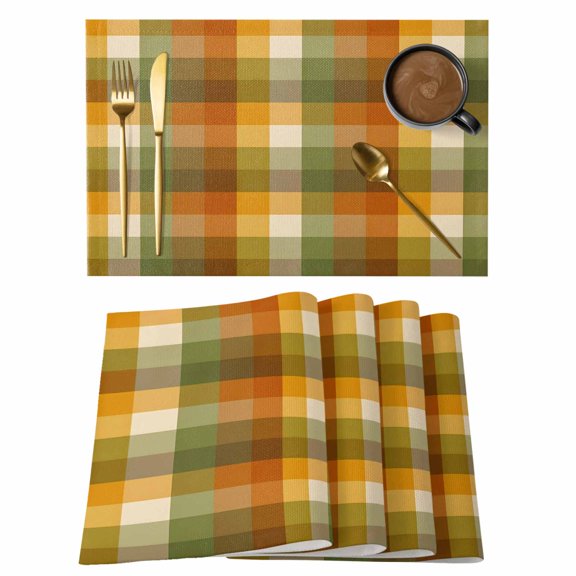 Orange Yellow Green Fall Placemats Set of 1 Autumn Gingham Buffalo Plaid Place Mats Indoor Wipeable Table Mats Washable Cloth Dining Table Placemats for Kitchen Holiday Party Home Decor 13x19 Inch