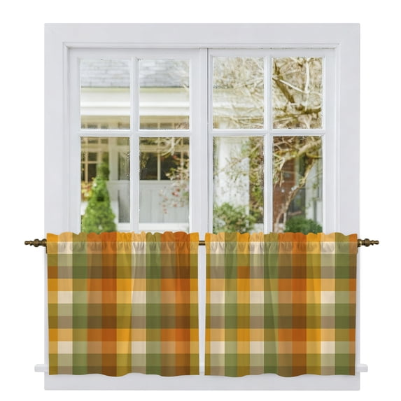 Orange Yellow Green Fall Tier Curtains 36 Inch Length, Autumn Gingham Buffalo Plaid Cafe Short Curtains for Bathroom Over Sink, Small Kitchen Curtain Light Filtering Drapes 2 Panels 27.5"Wx36"L