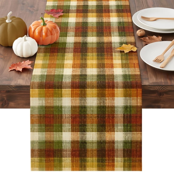 Orange Yellow Green Gingham Table Runner - 70 Inch Long Autumn Rustic Plaid Cotton and Linen Blended Dress Scarves Farmhouse Table Runner for Kitchen Dining, Coffee Table, 13" x 70"