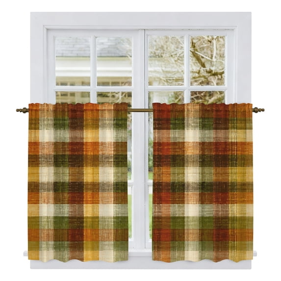 Orange Yellow Green Gingham Tier Curtains 54 Inch Length, Autumn Rustic Plaid Cafe Short Curtains for Bathroom Over Sink, Small Kitchen Curtain Light Filtering Tiered Drapes 2 Panels 27.5"Wx54"L