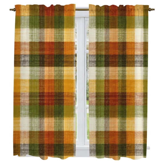 Orange Yellow Green Plaid Kitchen Curtains 63 Inch Length, Fall Gingham Rustic Tiers Curtains for Living Room Berdoom Bathroom, Light Filtering Drapes Rod Pocket Window Treatment 2 Panels 42"Wx63"L