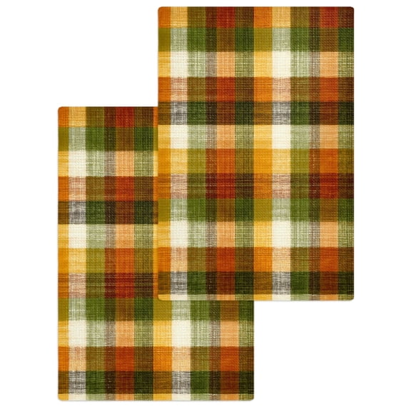Orange Yellow Green Plaid Kitchen Dish Towels for Drying Dishes Set of 2, Fall Gingham Rustic Waffle Weave Microfiber Hand Tea Bathroom Towels Quick Dry & Absorbent Towel 15.7x23.6