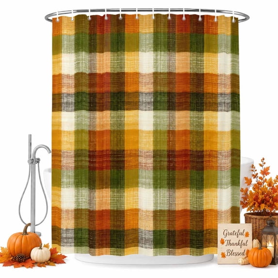 Orange Yellow Green Plaid Shower Curtain Set - 48" x 72" Washable Bathtub Curtain with 12 Hooks, Fall Gingham Rustic Waterproof Fabric Stall Shower Curtains for Bathroom/Bathtub Décor