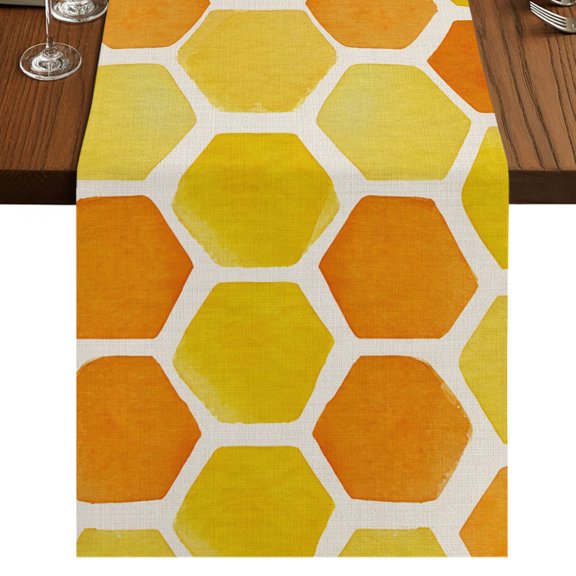 Orange Yellow Hexagon Burlap Cotton Table Runner 13x36 Inches Short, Summer Farmhouse Abstract Geometric Farmhouse Table Runners, Outdoor Dining Table Decor for Baby Shower/Party/Wedding
