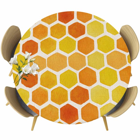 Orange Yellow Hexagon Round Tablecloth 36-44 Inch Round Fitted Table Cloth with Elastic Edge, Summer Farmhouse Abstract Geometric Waterproof Table Cover Protector for Outdoor Picnic Party Dining
