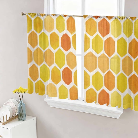 Orange Yellow Hexagon Sheer Curtains 45 Inch Length 2 Panels Set, Summer Farmhouse Abstract Geometric Voile Window Treatment Rod Pocket Small Kitchen Curtains Drapes for Bedroom 52"x45"x2