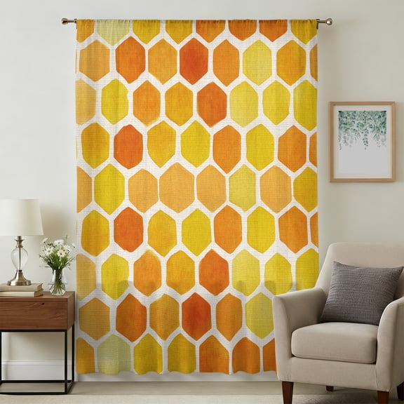 Orange Yellow Hexagon Sheer Curtains 45" Long for Bedroom, Summer Farmhouse Abstract Geometric Light Filtering Privacy Drapes, Breathable Semi Sheer Short Window Treatment for Kitchen Cafe Bathroom