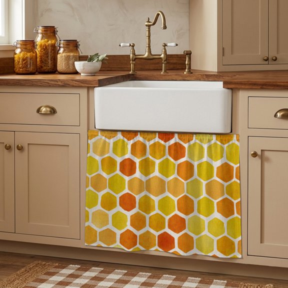 Orange Yellow Hexagon Small Cabinet Curtains 10"W x 11"L, Summer Farmhouse Abstract Geometric Sink Skirt Dust-Proof Short Curtain for Bathroom Vanity Storage Cubby Desk, Self Adhesive Privacy Drapes
