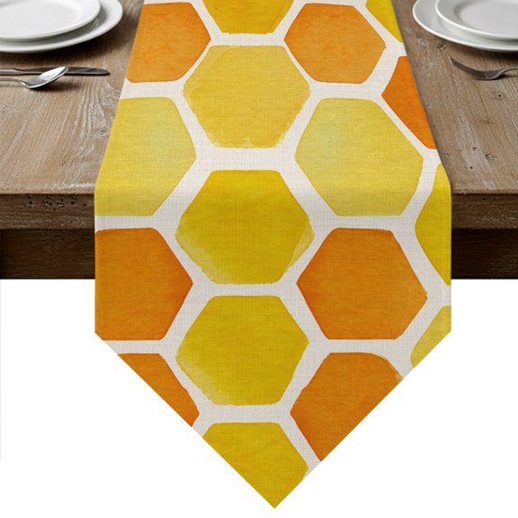 Orange Yellow Hexagon Table Runner Linen Burlap Table Runner 36 Inches Small Summer Farmhouse Abstract Geometric Dresser Scarves for Kitchen Island Coffee Dining Room Party Holiday Decor 13"x36"