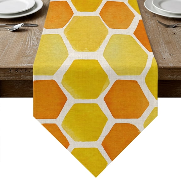 Orange Yellow Hexagon Table Runner Linen Burlap Table Runner 72 Inches Long Summer Farmhouse Abstract Geometric Dresser Scarves for Kitchen Island Coffee Dining Room Party Holiday Decor 14"x72"