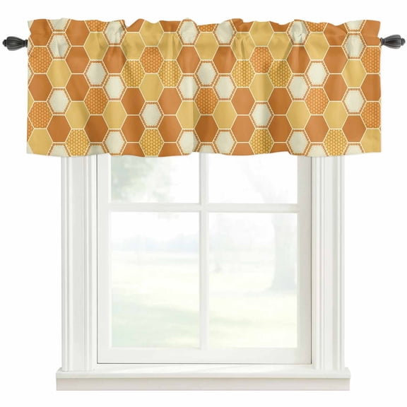 Orange Yellow Kitchen Valances for Windows, Farmhouse Abstract Geometric Hexagon Art Bathroom Window Valances 42x12 Inch Rod Pocket Window Treatments Valance Curtains for Living Room Bedroom Decor