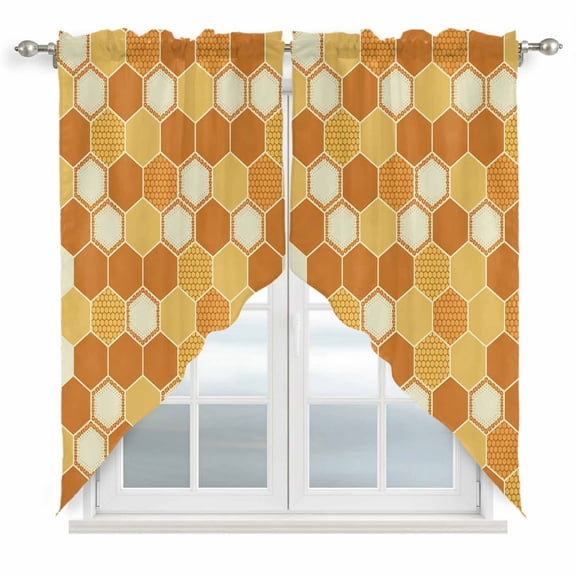 Orange Yellow Kitchen Window Curtains, Swag Curtains Valance for Bedroom Living Room Bathroom, Farmhouse Abstract Geometric Hexagon Art Rod Pocket Window Curtain Block Drapes 2 Panels 36"x63"