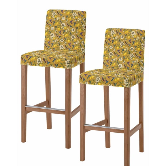 Orange Yellow Lemon Birds Bar Stool Covers Set of 2, Summer Botanical Tropical Stretch Washable Bar Chair Covers with Backs, Removable Pub Counter Height Chair Cover for Kitchen Dining Room Cafe