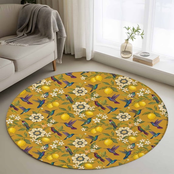 Orange Yellow Lemon Birds Round Area Rug 4Ft Washable Circle Rugs for Bedroom Dining Room, Summer Botanical Tropical Non-Slip Carpet Floor Mats Indoor Outdoor Carpet Runner Aesthetic Home Decor