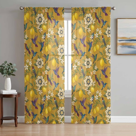 Orange Yellow Lemon Birds Sheer Curtains 96 Inch Length 2 Panels Set, Summer Botanical Tropical Voile Window Treatment Semi Sheer Long Curtains Drapes for Bedroom/Living Room/Kitchen 52"x96"x2
