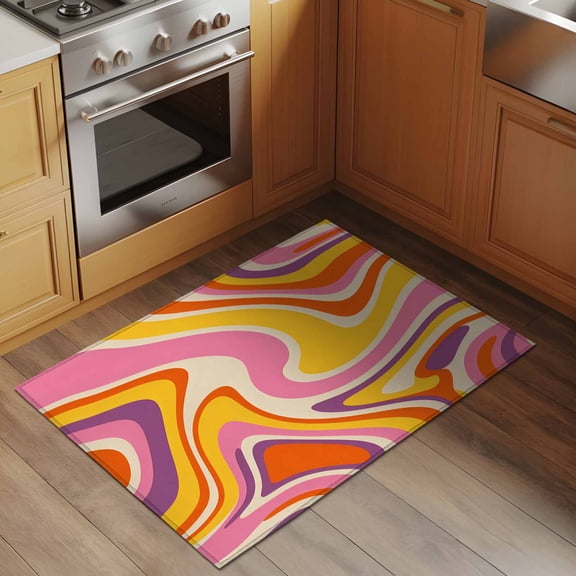 Orange Yellow Pink Purple Waves 2x3 Rug for Entryway Front Door Kitchen Sink Area, Abstract Fantasy Pattern Low Pile Washable Non Slip Rectangle Area Rug
