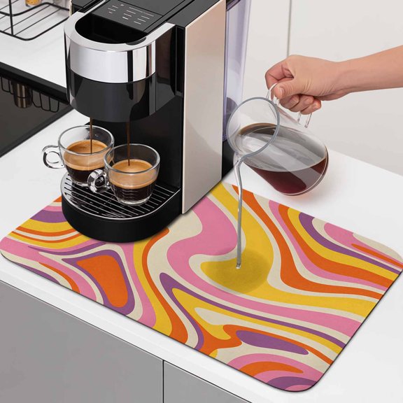 Orange Yellow Pink Purple Waves Dish Drying Mats for Kitchen Counter, Abstract Fantasy Pattern Absorbent Coffee Bar Mat with Non-slip Rubber Backed Quick Drying Dish Rack Pad 16"x18"