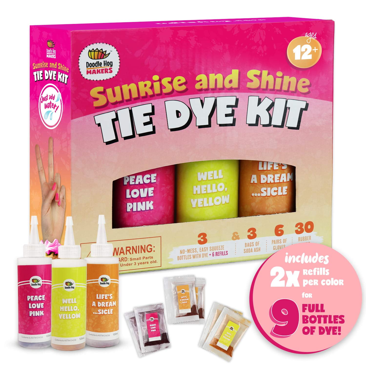 Orange, Yellow, Pink Tie Dye Colors in Sunrise & Shine Tie Dye Kit (Tye Dye  Kit). Custom Clothing Dye with 6 Refills for Multiple Projects