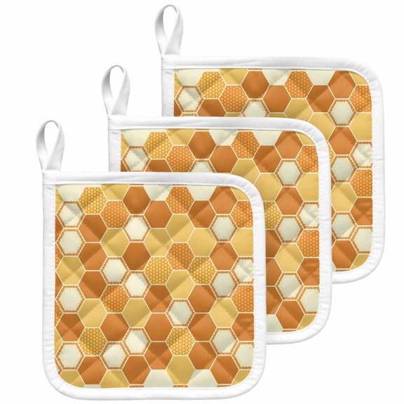 Orange Yellow Pot Holders for Kitchen Heatproof Potholder, 3 Pack Farmhouse Abstract Geometric Hexagon Art Hot Pads Multipurpose Oven Pads Cloth Potholders Trivet for Cooking Baking