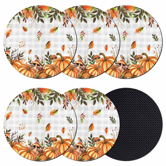 Orange Yellow Pumpkin Fall Coasters Set of 6, Absorbent Coasters for Drinks, Thanksgiving Leaves Grey Plaid Coaster for Desk Coffee Table Protection, Home Decor House Warming Gifts 4"