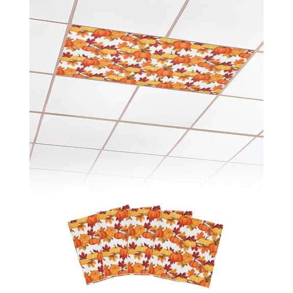 Orange Yellow Pumpkin Fall Fluorescent Light Covers for Ceiling Lights 4x2 feet,4 Pack Magnetic Light Filters for Classroom,Thanksgiving Botanical Farmhouse Leaf Fluorescent Light Shade Panel