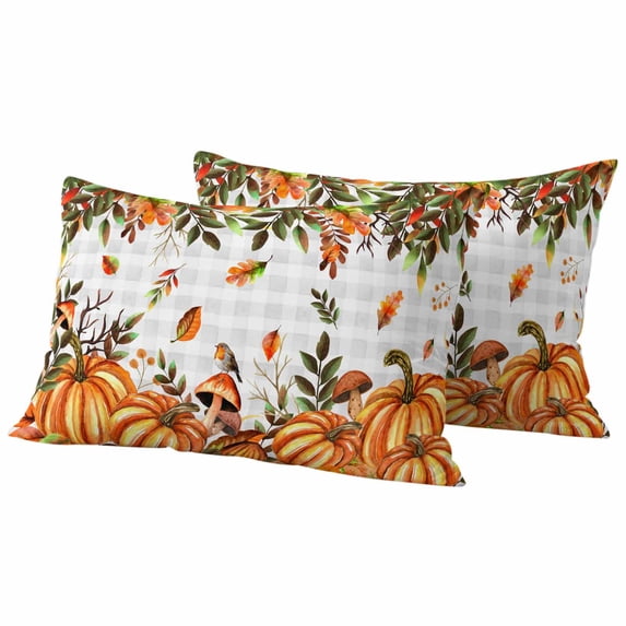 Orange Yellow Pumpkin Fall Outdoor Waterproof Pillow Covers, Thanksgiving Leaves Grey Plaid Decorative Rectangle Throw Pillowcase Sofa Cushion Sham for Patio/Couch/Chair, 20"x12" 2 Pack