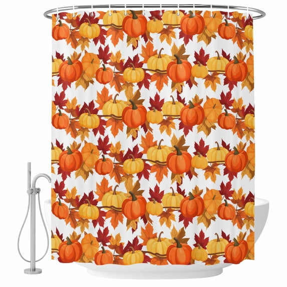 Orange Yellow Pumpkin Fall Shower Curtain, Waterproof Shower Curtains for Bathroom, Thanksgiving Botanical Farmhouse Leaf Washable Bathtub Curtain Set Bath Decor with 12 Hooks Extra Long 72"x96"