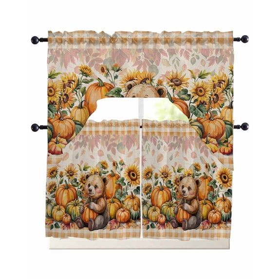 Orange Yellow Pumpkin Fall Swag Curtains for Living Room/Bedroom Windows, Thanksgiving Botanical Plaid Rustic Kitchen Curtains and Valances Set 36 Inch Length, Swags Valance Curtain Panels