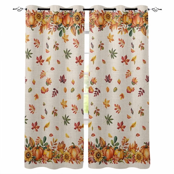 Orange Yellow Pumpkins Blackout Curtains for Bedroom Living Room Darkening Curtains 54 Inch Long Autumn Leaves Rustic Vintage Short Curtain for Small Window Treatment Grommet Drapes 42"x54"x2