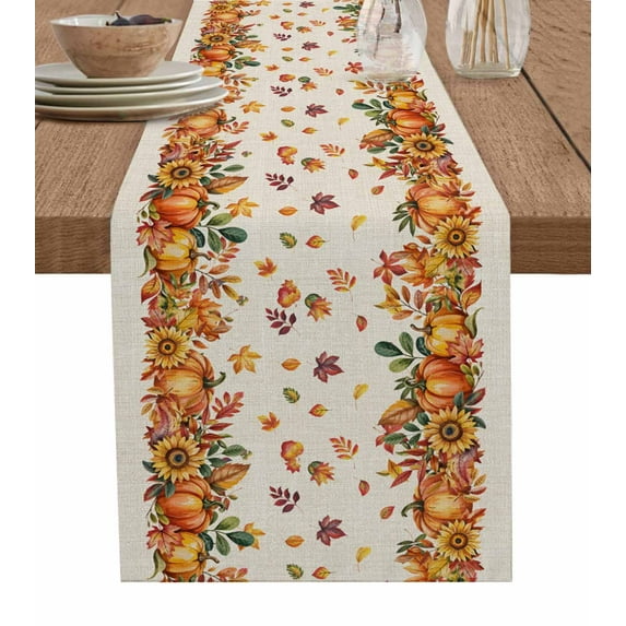 Orange Yellow Pumpkins Burlap Cotton Table Runner 13x36 Inches Short, Autumn Leaves Rustic Vintage Farmhouse Table Runners, Outdoor Dining Tablecloths Decor for Baby Shower/Party/Wedding